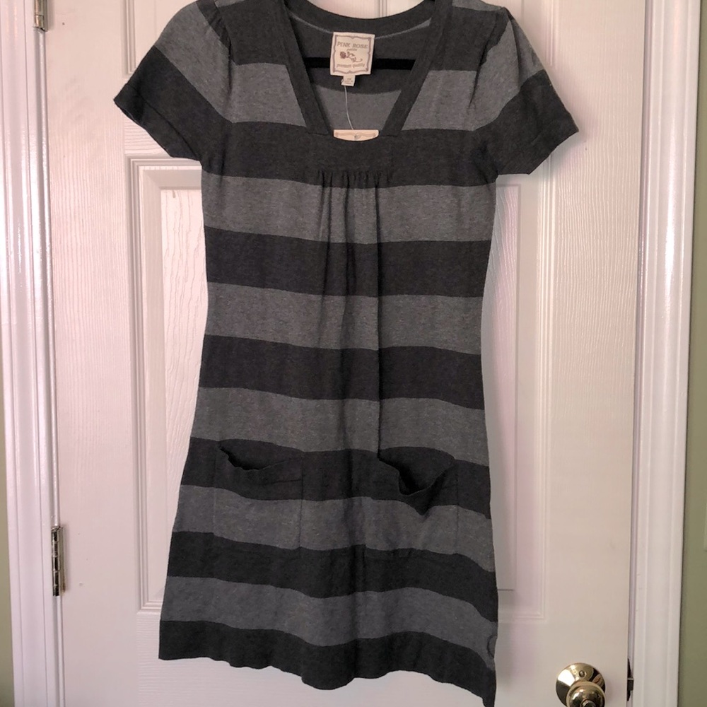 Pink Rose Womens MP Grey stripe sweater dress with pockets NEW layering M Petite